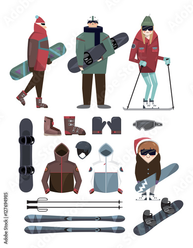 Collection of skier and ski equipment
