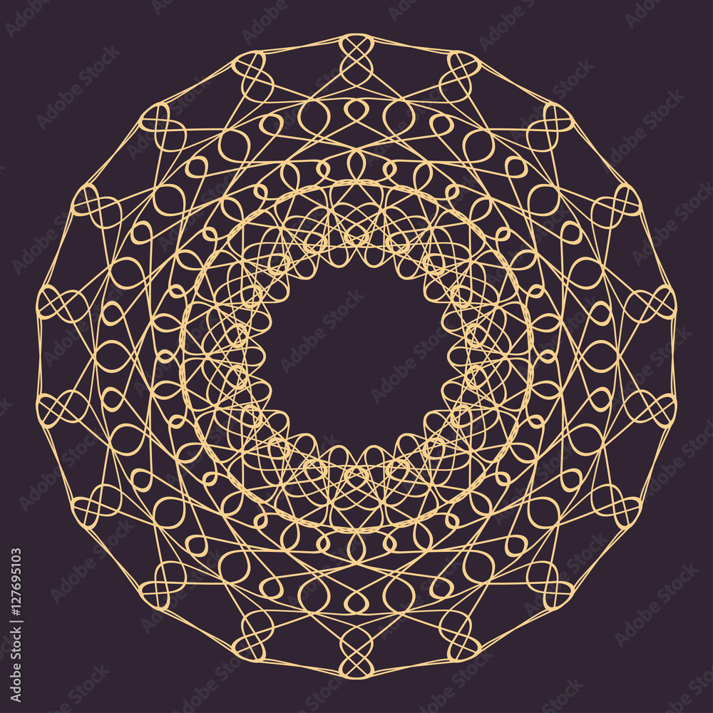 Abstract line border frame background with delicate golden lace contour doily isolated on dark background. Space for invitations, promotional poster or greeting cards text. Vector illustration eps