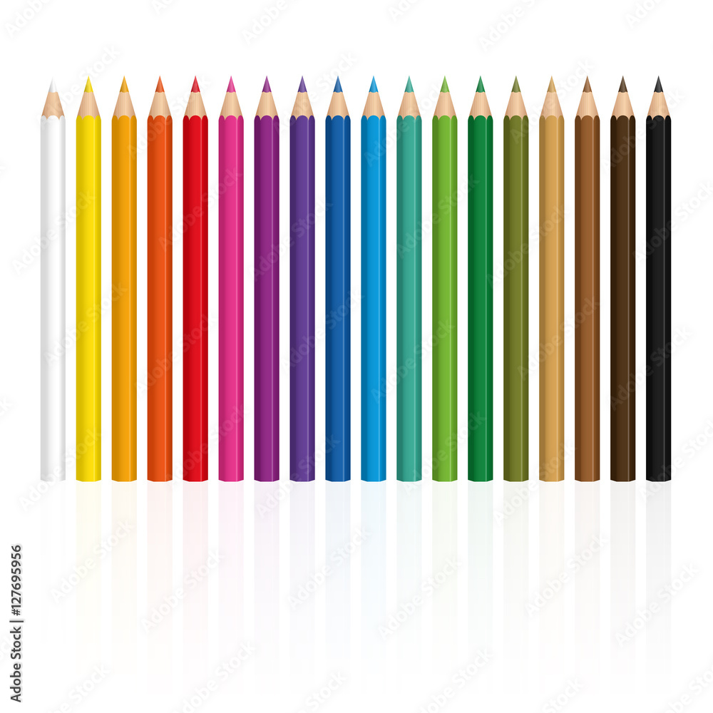 Crayons - colorful set, with wood textured tips, upright standing in a row. Crayons - colorful set, with wood textured tips, upright standing in a row.