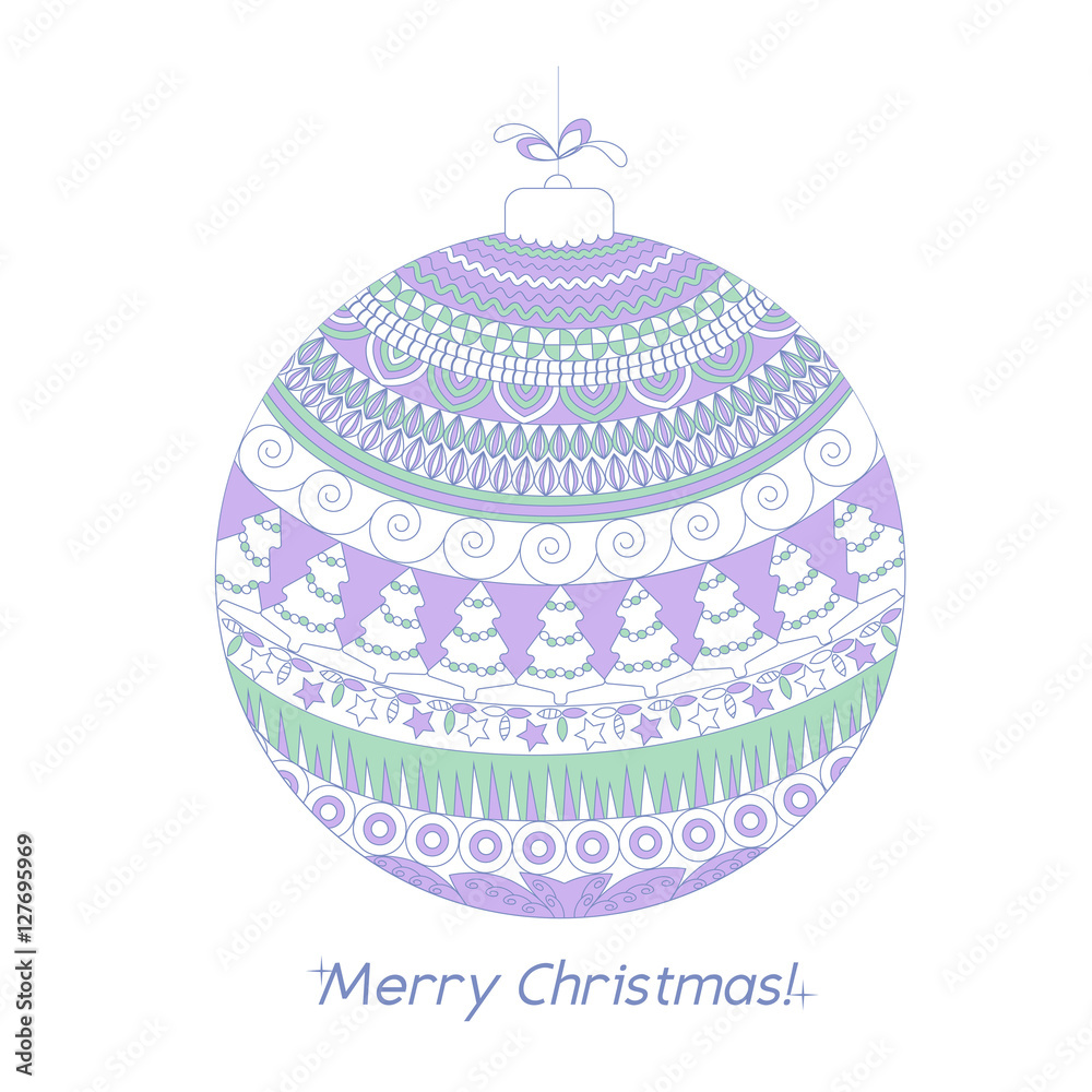 Greeting color Christmas card with Hand drawn ball with doodle decorative elements. Violet and green pattern holiday greeting or invitation cards, print, wrapping paper. Vector illustration. Greeting color Christmas card with Hand drawn ball with doodle decorative elements. Violet and green pattern holiday greeting or invitation cards, print, wrapping paper. Vector illustration.