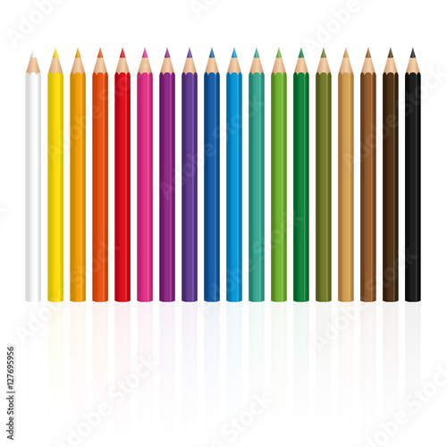 Crayons - colorful set, with wood textured tips, upright standing in a row.