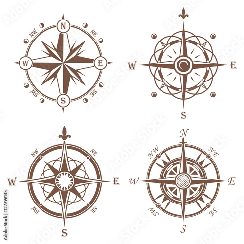 Isolated vintage or old compass rose icons