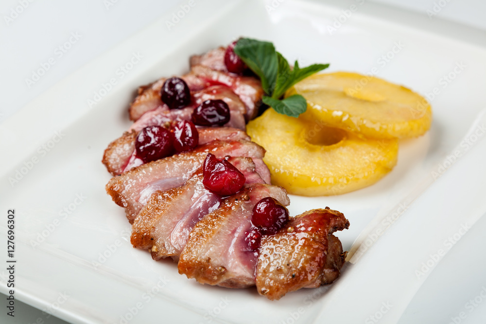 grilled duck meat with cherry sauce grilled duck meat with cherry sauce