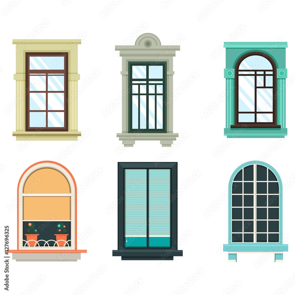 Wood windows frames isolated set exterior view