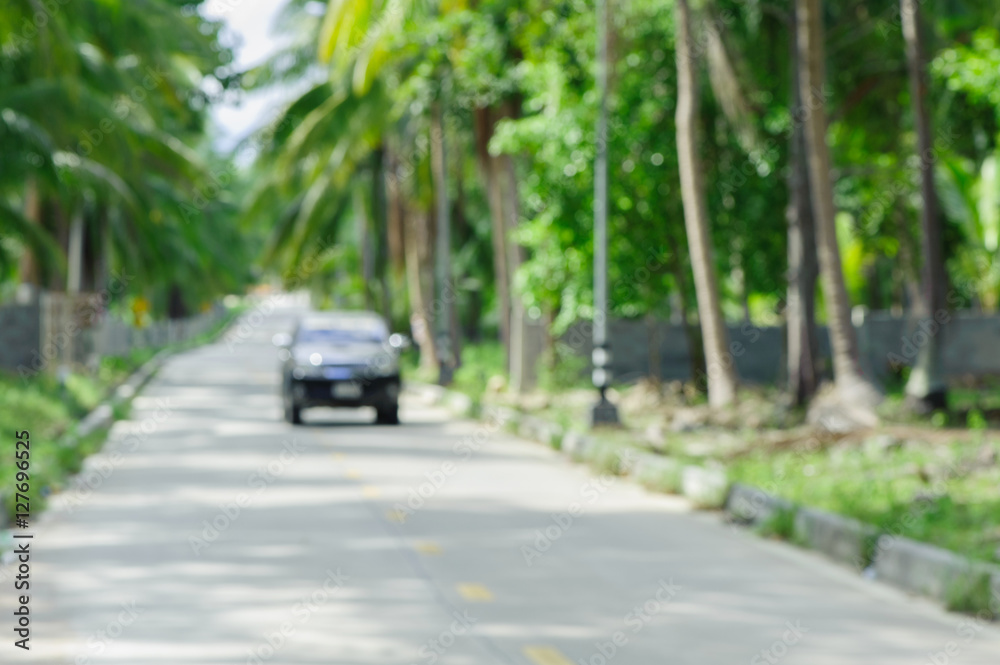 The road and coconut palm trees blurry photo background. Tropical scene defocused picture. Car driving at the road.