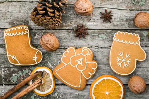 Winter composition with gingerbread cookies