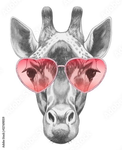Giraffe in Love! Portrait of Giraffe with sunglasses. Hand drawn illustration.