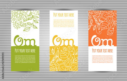 Om mantra lettering with floral pattern long flyer. Yoga and meditation studio long flyer or trifold templates.