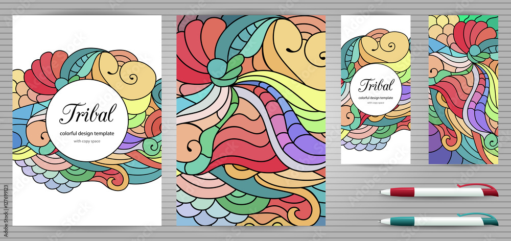 Doodles Corporate Identity and Stationery Templates Set . Colorful zentangle doodle design template. Ethnic tribal wavy vector set of illustrations. Document, Book Cover, Flyer, Business Card and Pen