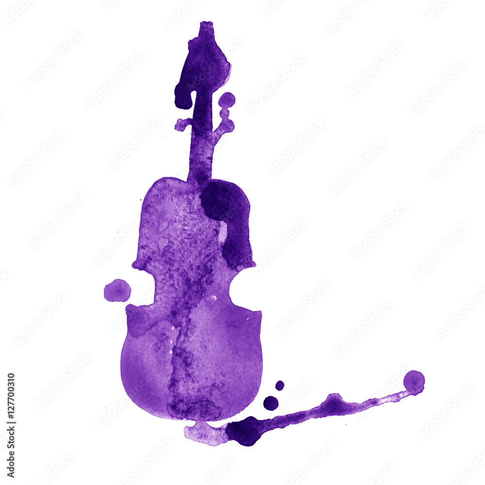 Violet Instrument Drawing watercolor hand drawn violet violin with splash on white background ...