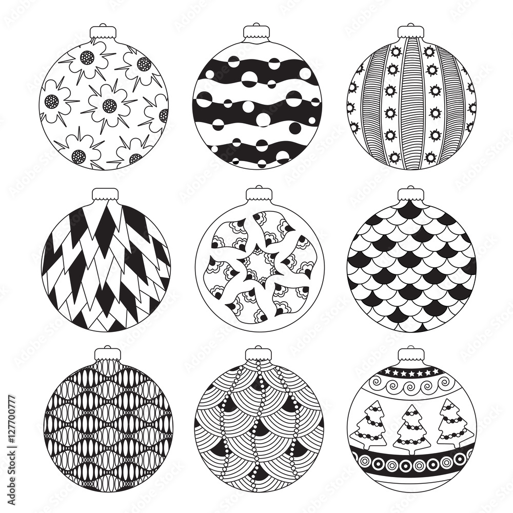 Set of Hand drawn Christmas balls with doodle decorative elements. Black and white pattern holiday greeting or invitation cards, print, wrapping paper, coloring book. Vector illustration. Set of Hand drawn Christmas balls with doodle decorative elements. Black and white pattern holiday greeting or invitation cards, print, wrapping paper, coloring book. Vector illustration.