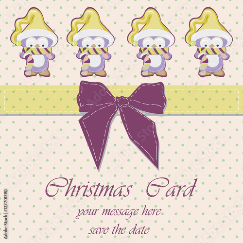 Cute Christmas Penguins Invitation retro dotted background