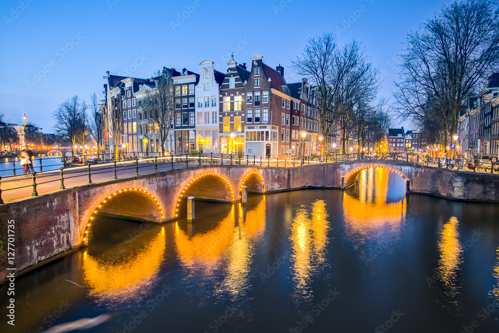 Amsterdam landmark, Night view of Amsterdam city in Netherlands