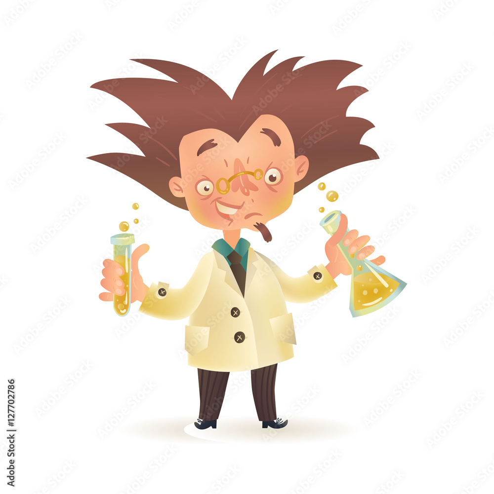 Stereotypic bushy haired mad professor in lab coat holding chemical ...