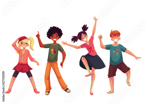 Little kids dancing expressively, cartoon style vector illustration isolated on white background. Children, kids dancing happily and smiling wildly