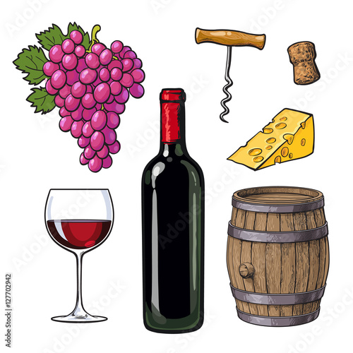 Wine set of bottle, glass, barrel, grapes, cheese, cork and corkscrew, sketch vector illustration isolated on white background. Hand drawn wine barrel, glass, grapes and bottle, corkscrew and cheese