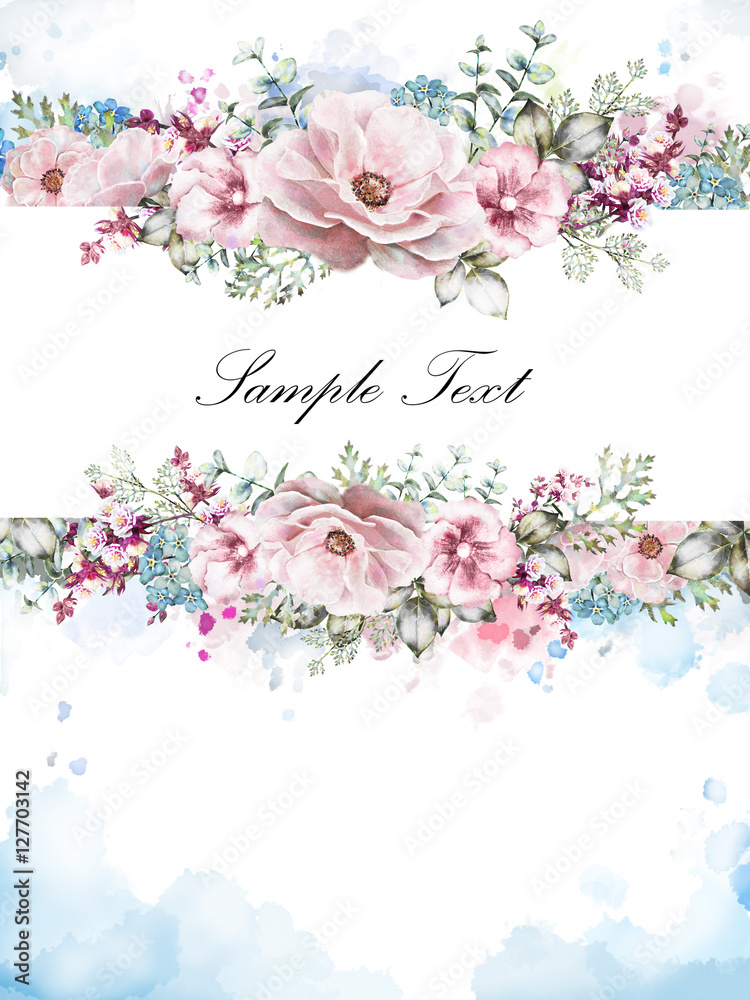 Card, Watercolor wedding invitation design with roses, bud and leaves. Hand painted floral background with floral elements for your text, splash paint, watercolor background. Template. Frame Card, Watercolor wedding invitation design with roses, bud and leaves. Hand painted floral background with floral elements for your text, splash paint, watercolor background. Template. Frame