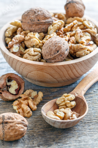 Bowl with walnuts and wooden spoon.