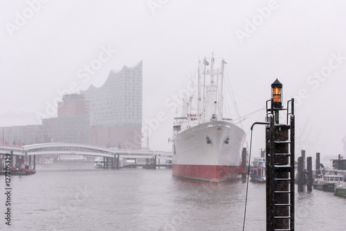 Elbphilharmonie and Cap San Diego in Snow