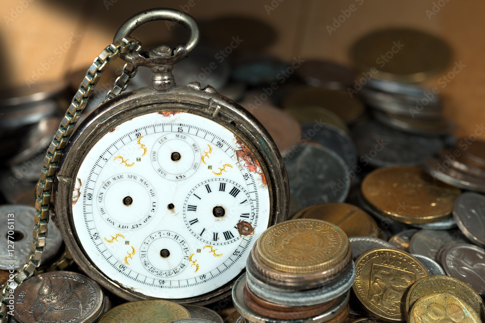 Broken Pocket Watch with Old Coins