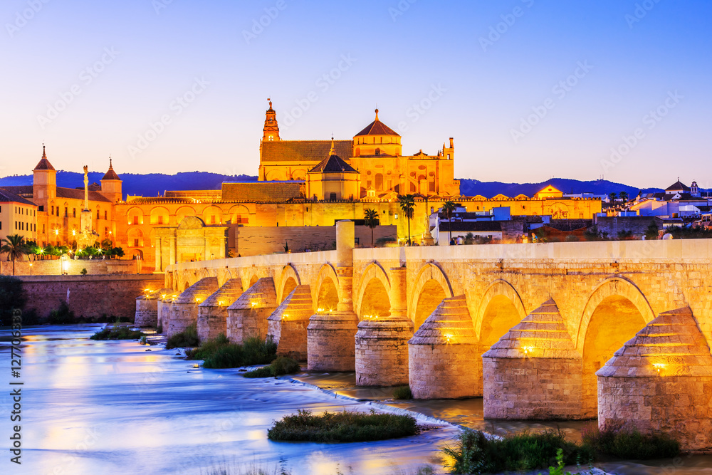 Cordoba, Spain. Roman Bridge and Mosque-Cathedral on the Guadalquivir River.