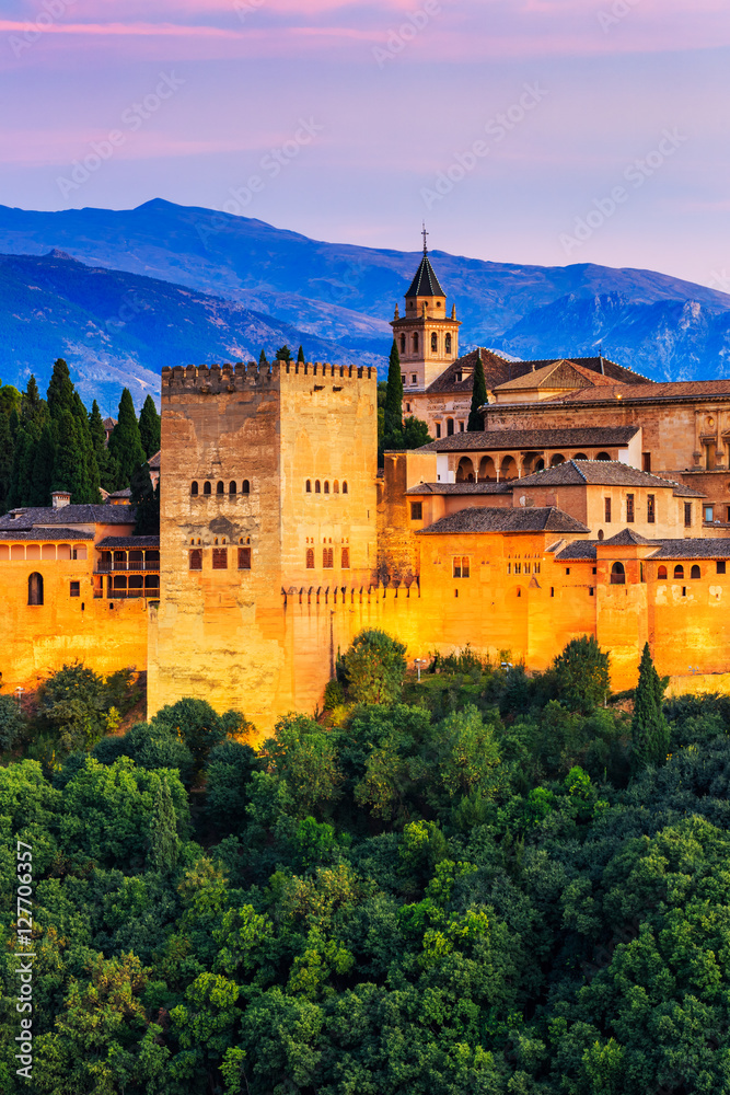Alhambra of Granada, Spain. Alhambra fortress at twilight.