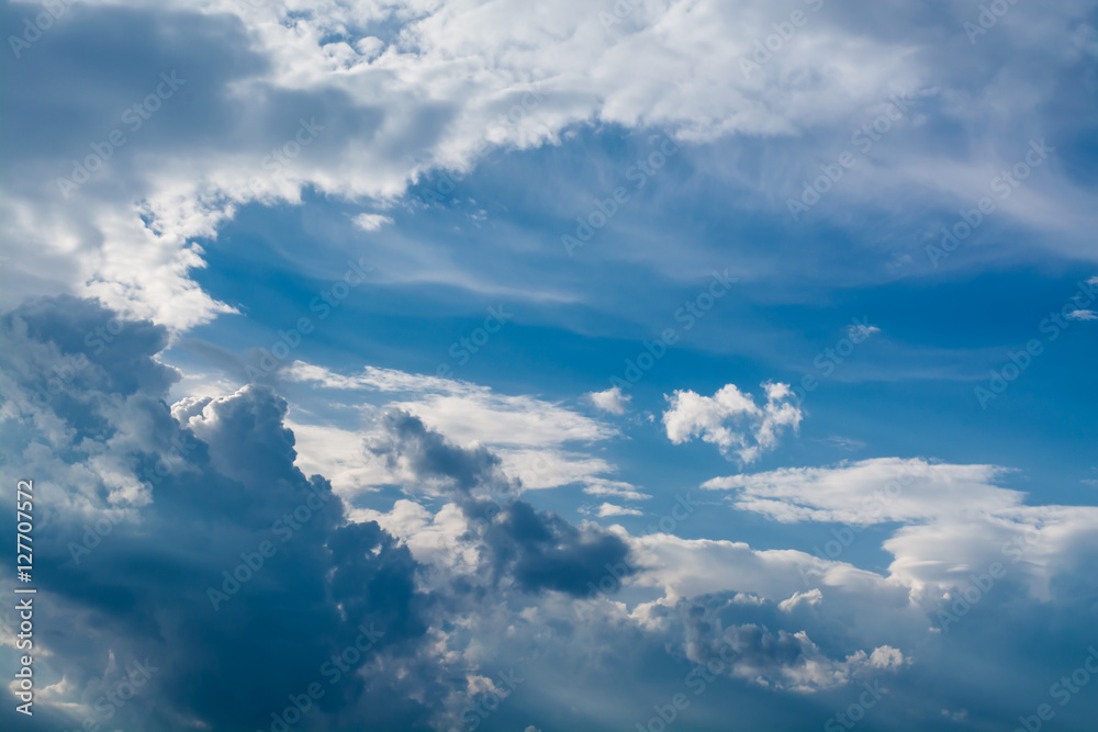 White curly clouds in a blue sky. Sky background