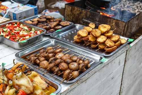 catering food buffet, salad, grilled mushrooms and potato