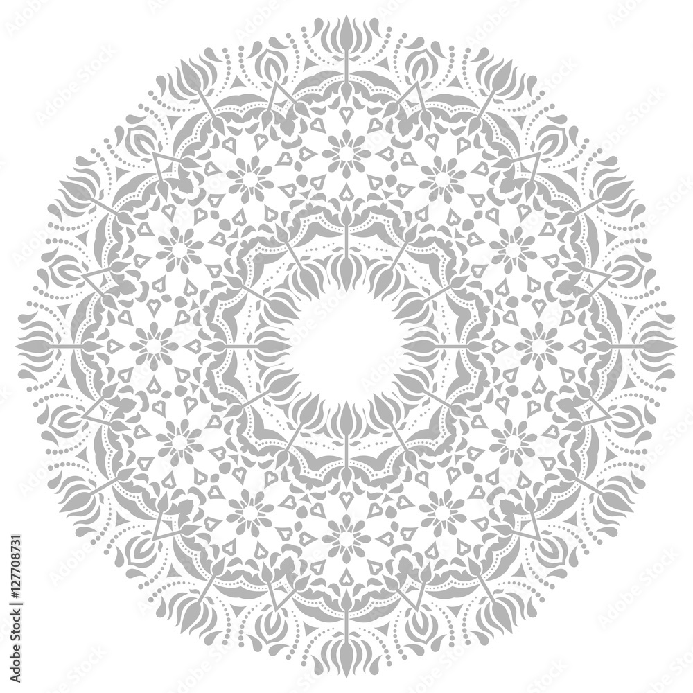 Oriental round pattern with arabesques and floral elements. Traditional classic ornament. Light silver and white pattern