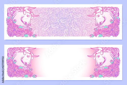 Horizontal banners with Zodiac Taurus and a decorative frame of roses. Astrology web element. Tattoo design. Sketch in pastel pallette isolated on elegant pattern background. EPS10 vector illustration
