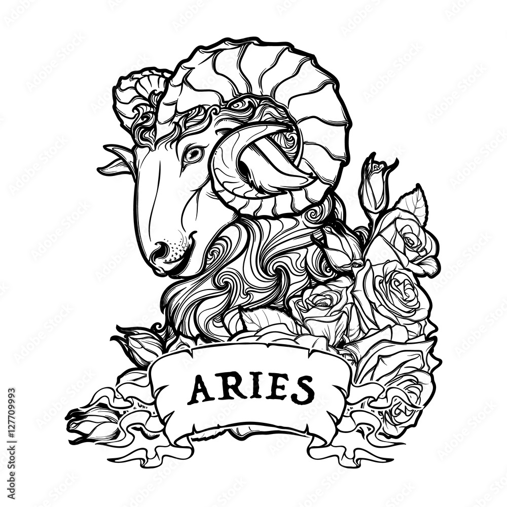Zodiac sign of Aries with a decorative frame of roses Astrology concept art. Tattoo design. Sketch isolated on white background. EPS10 vector illustration. Stock Vector