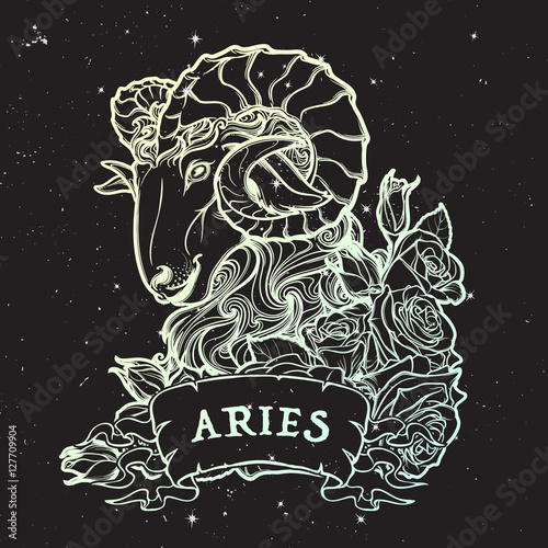Zodiac sign of Aries with a decorative frame of roses Astrology concept art. Tattoo design. Sketch in pastel pallette isolated on starry nightsky background. EPS10 vector illustration.