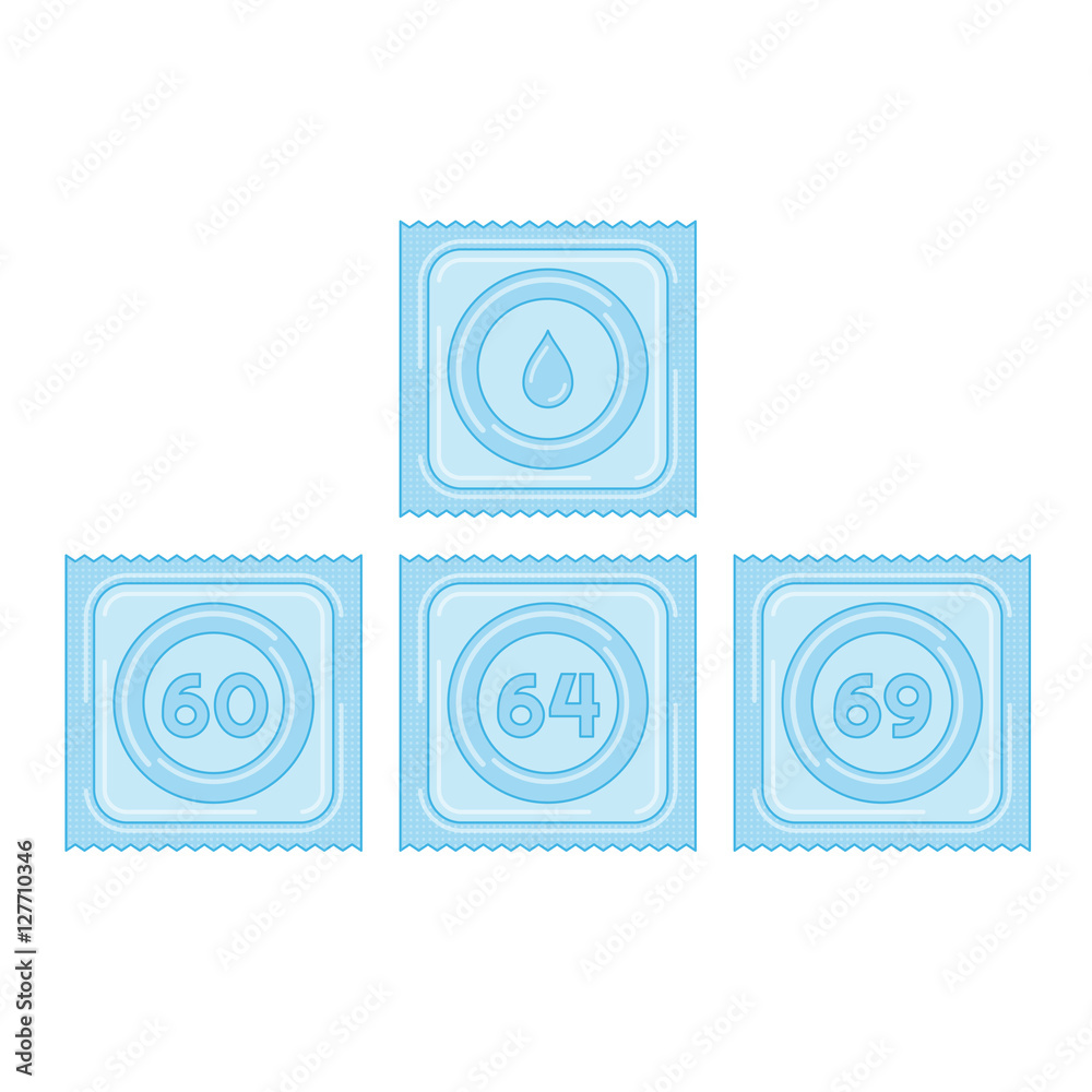 Condom with lubricant in package size 60, 64 and 69 illustration blue ...