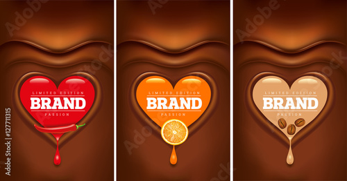Chocolate background with heart and chilli, orange, coffee