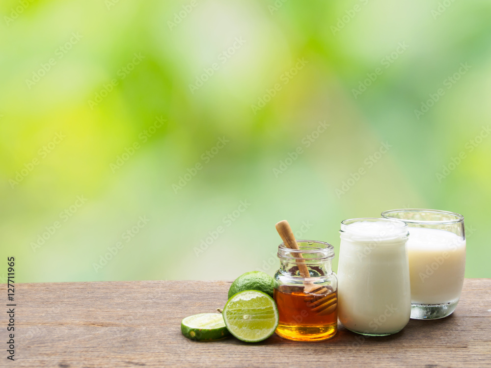 Ingredient of natural detox has honey lemon yogurt and milk Ingredient of natural detox has honey lemon yogurt and milk