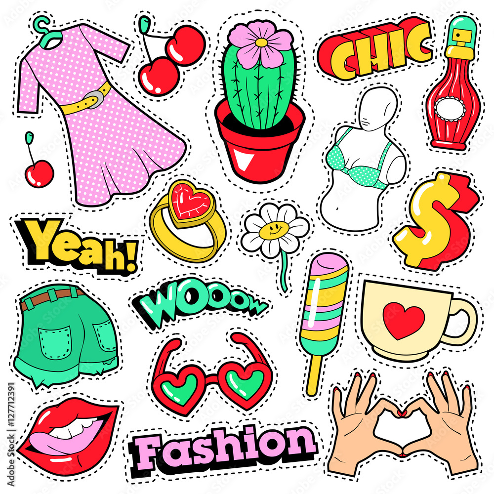 Fashion Girls Badges, Patches, Stickers - Clothes, Accessories, Lips and Hands in Pop Art Comic Style. Vector illustration