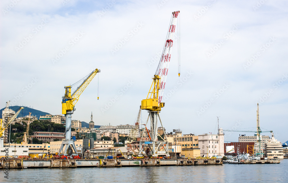 Fototapeta premium industrial port with containers / Trade Port / A big ship loading cargo at port / Container Cargo freight ship with working crane bridge in shipyard Import Export on white background /