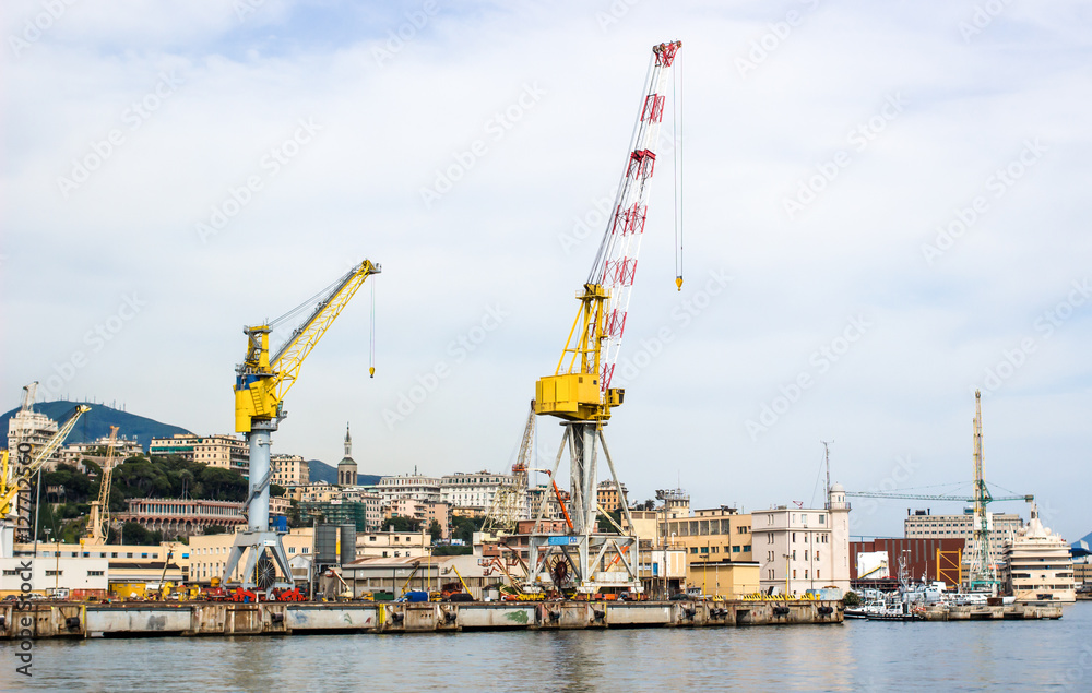 industrial port with containers / Trade Port / A big ship loading cargo at port / Container Cargo freight ship with working crane bridge in shipyard  Import Export on white background /