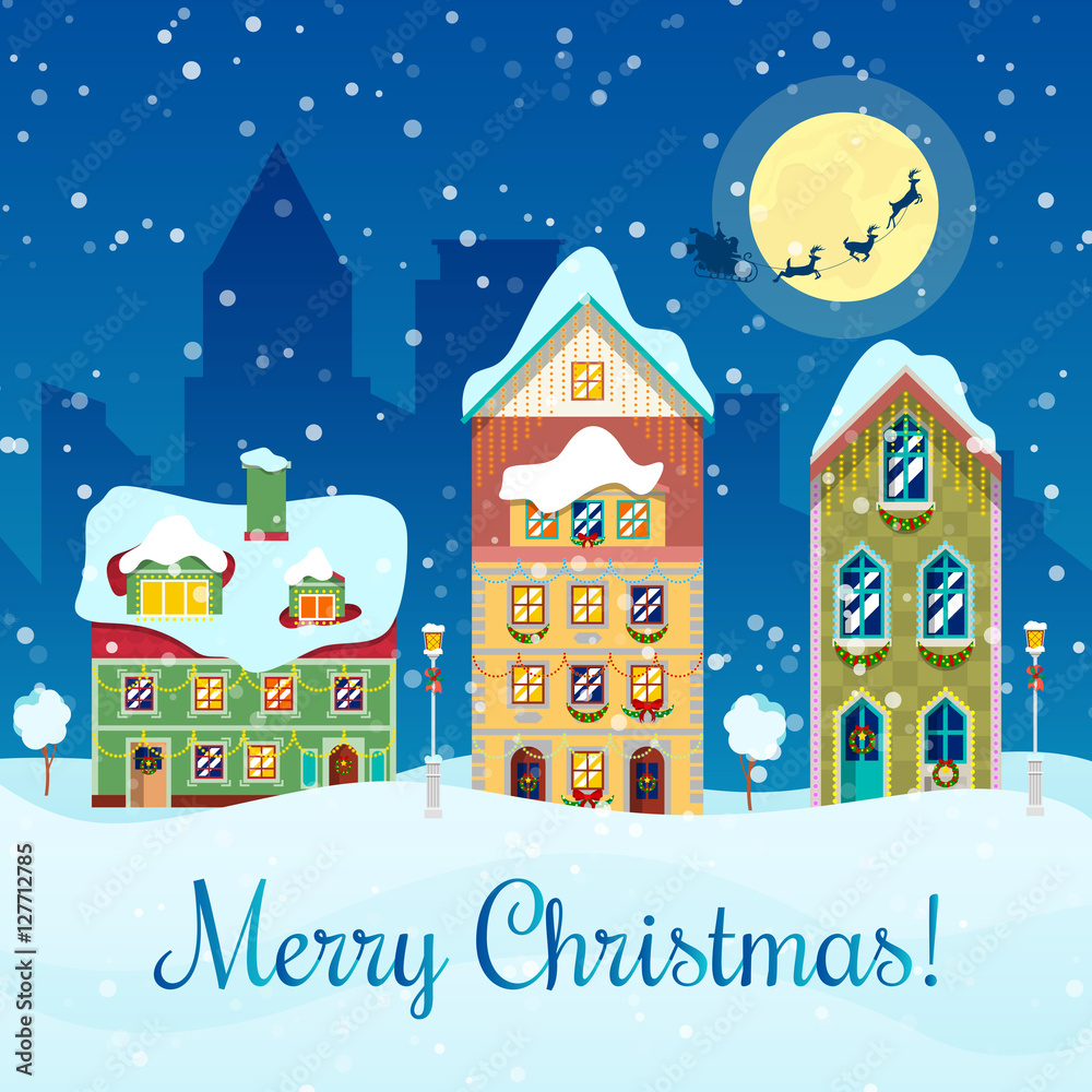 Merry Christmas Cityscape with Snowfall, Houses and Santa with Reindeers Greeting Card. Vector background