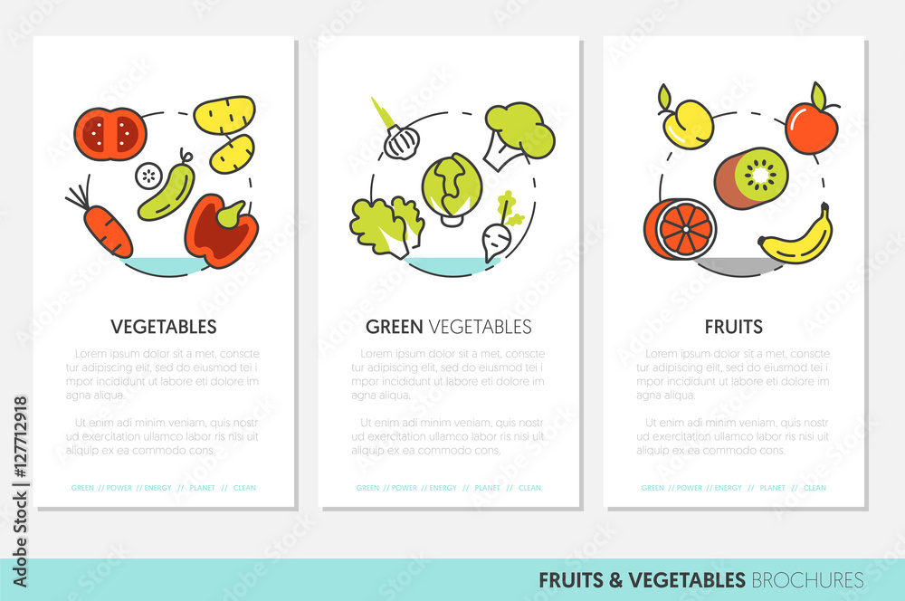 Fruits and Vegetables Thin Line Vector Business Brochures Template with Banana, Tomato and Strawberry