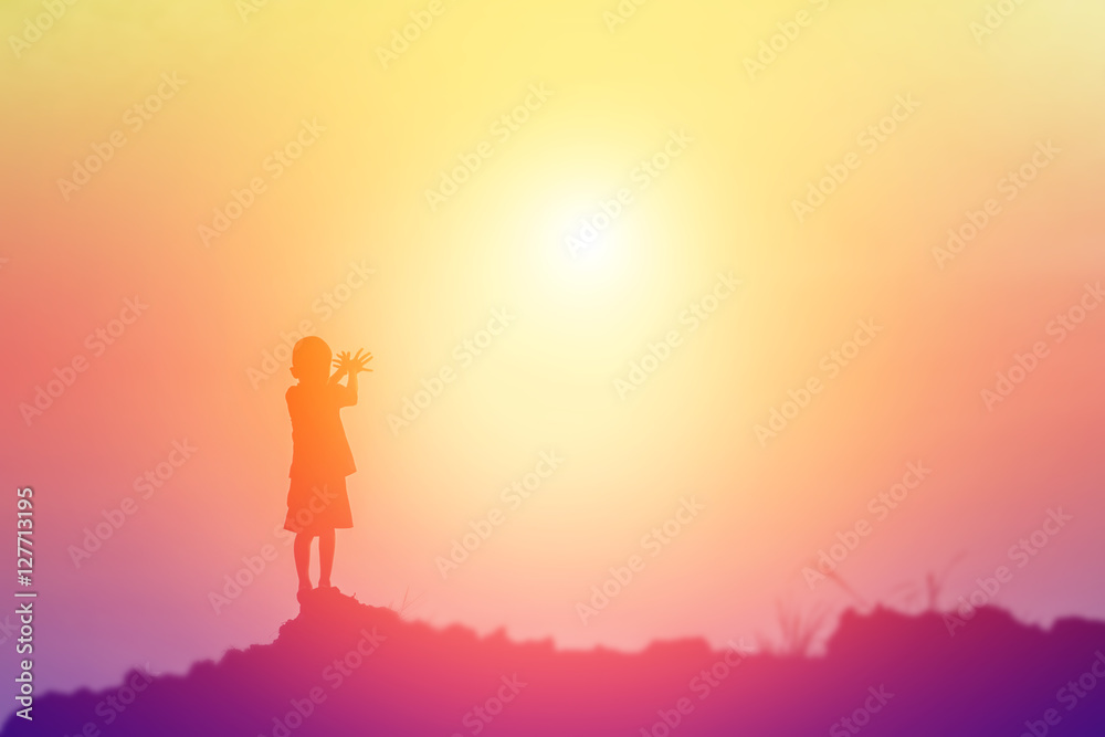 kid silhouette,Moments of the child's joy. On the Nature sunset kid silhouette,Moments of the child's joy. On the Nature sunset