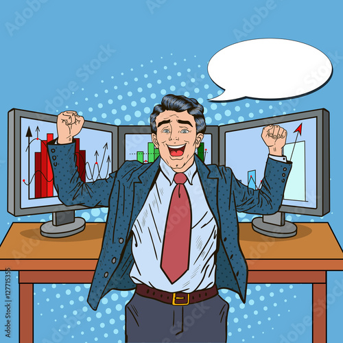 Pop Art Successful Businessman with Computers and Graphs of Growing Market Shares. Vector illustration