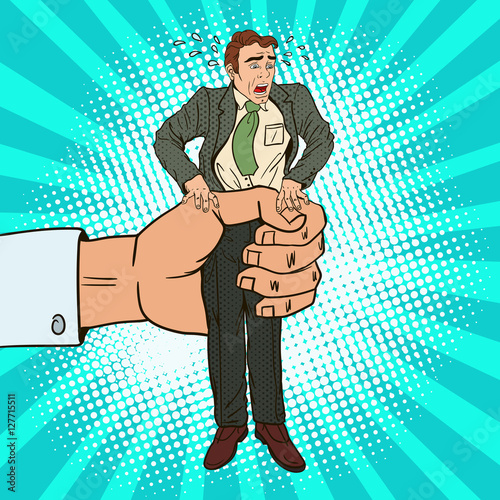 Employer Big Hand Squeezes Pop Art Office Worker. Oppression at Work. Vector illustration
