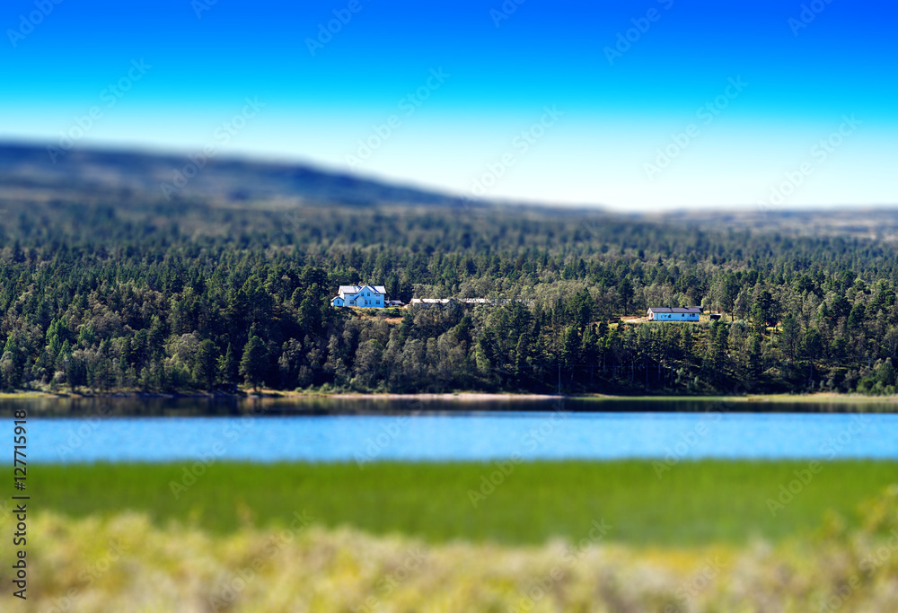 Norway cottages on lake toy background