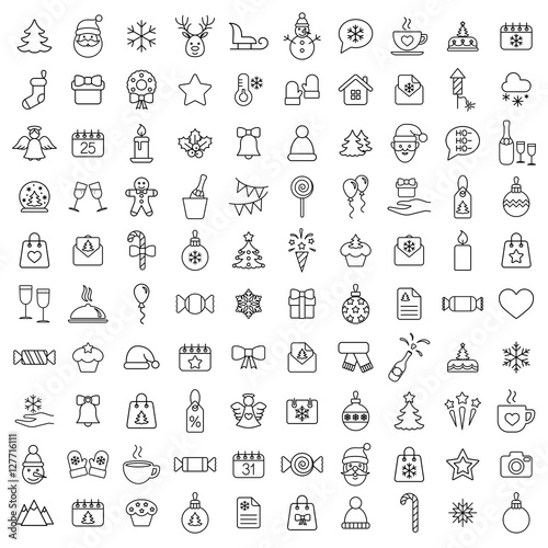 christmas xmas 100 new year winter celebration outline line black on white background icons set