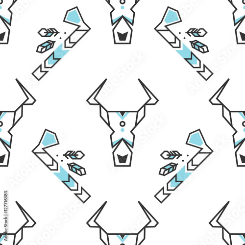 Seamless pattern with stylized buffalo skull and tomahawk. Vector wallpaper on white background. Trendy geometric ethnic illustration