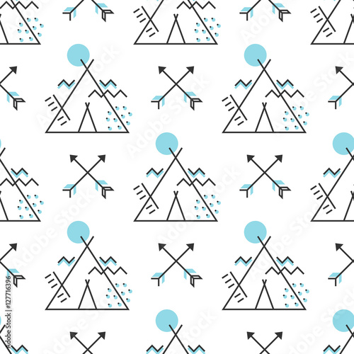 Seamless pattern with stylized wigwam and arrows. Vector wallpaper isolated on white background. Trendy geometric ethnic illustration photo