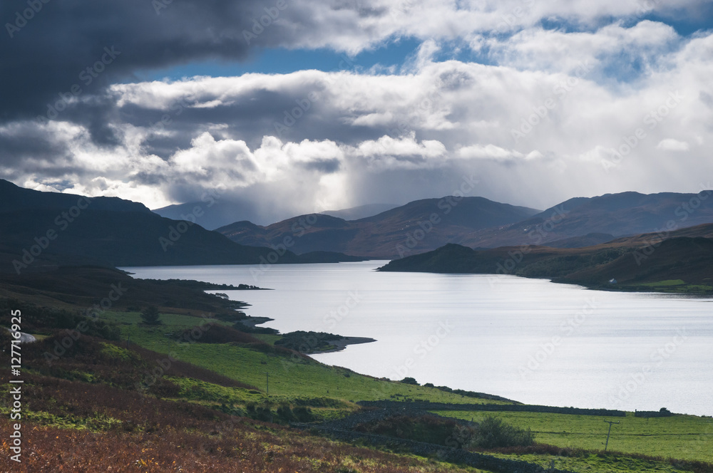 Loch Hope and Crepuscular rays. Loch Hope and Crepuscular rays.