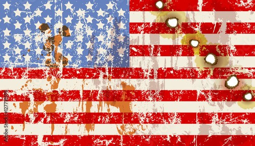 grungy USA flag with bullet holes, vector,
