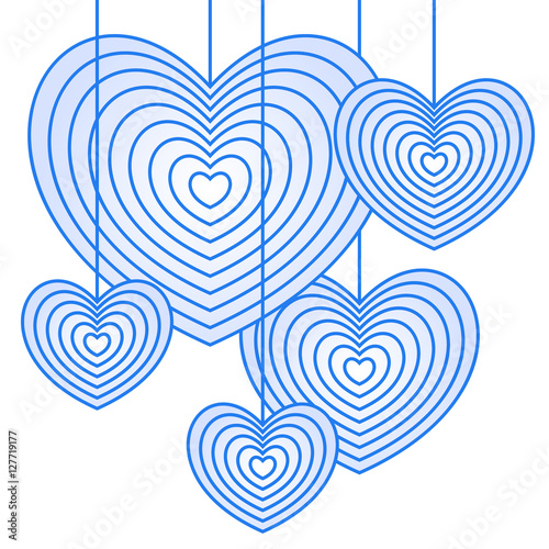Blue hearts hanging down. Imitation of Christmas balls. Decoration for Valentine's day card. Vector illustration.
